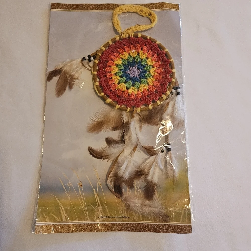 Hand Crafted crochet dream catcher rainbow colors textile art handmade holiday